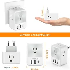 European Travel Plug Adapter 2 Packs, TESSAN Europe International Power Adaptor with 4 Outlets 3 USB Charging Ports (1 USB C), Type C Plug for Germany Iceland Spain Italy France