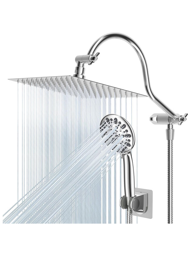Hibbent All Metal Shower Head, 10'' High Pressure Rainfall Shower Head/Handheld Showerhead Combo with 12'' Adjustable Curved Shower Extension Arm, 7 Sprays, 71'' Shower Hose, Showerhead Holder, Chrome