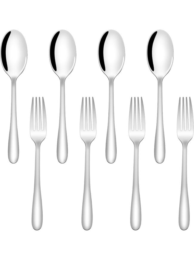 SANTUO Stainless Steel Teaspoon and Dessert Forks Set, Stainless Steel Silverware set of 8, Mirror Polished & Dishwasher Safe