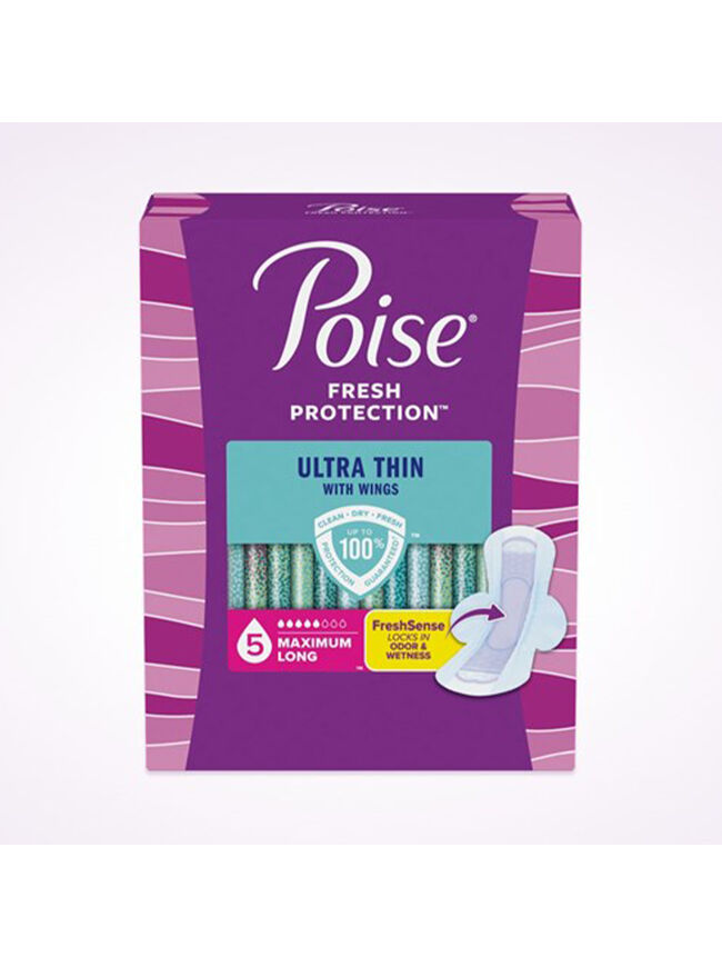 Poise Ultra Thin Incontinence & Postpartum Pads with Wings for Bladder Leaks, 5 Drop Maximum Absorbency, Long Length, 40 Count, Packaging May Vary