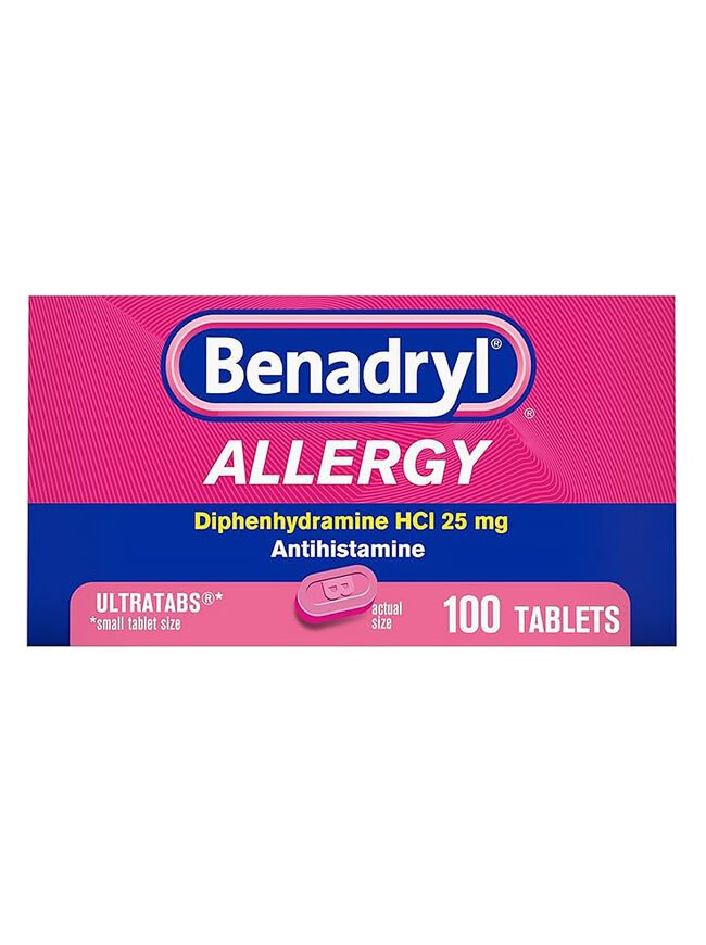 Benadryl Ultratabs Allergy Relief Medicine, 25 mg Diphenhydramine HCl Antihistamine Tablets For Relief of Cold & Allergy Symptoms Like Sneezing, Runny Nose, & Itchy Eyes & Throat, 100 ct