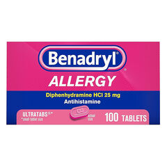 Benadryl Ultratabs Allergy Relief Medicine, 25 mg Diphenhydramine HCl Antihistamine Tablets For Relief of Cold & Allergy Symptoms Like Sneezing, Runny Nose, & Itchy Eyes & Throat, 100 ct