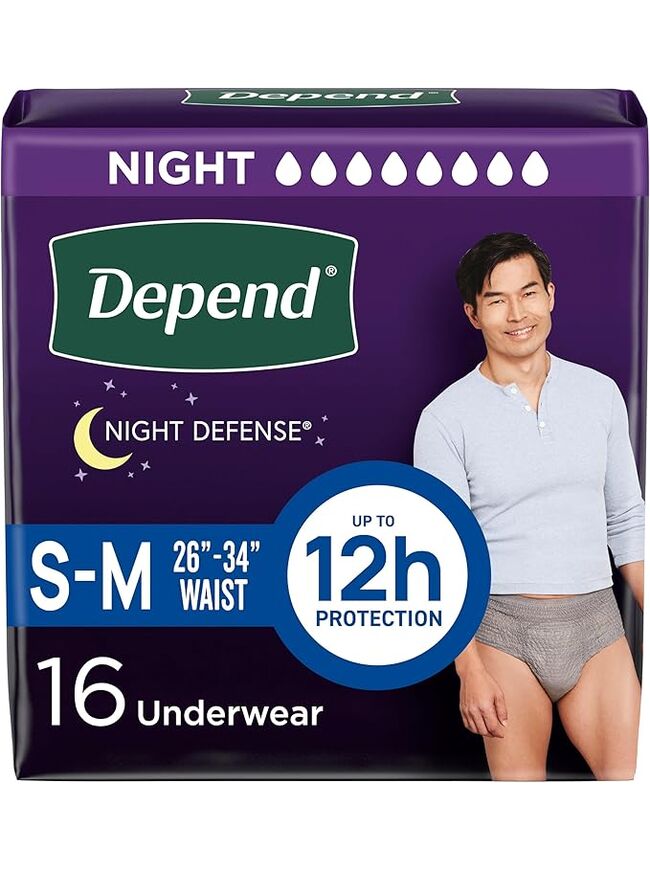 Depend Night Defense Adult Incontinence Underwear for Men, Disposable, Overnight, Small/Medium, Grey, 16 Count, Packaging May Vary