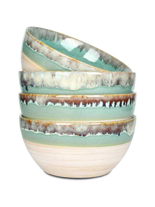 Bosmarlin Ceramic Soup Bowl Set of 4, 26 Oz, 6 Inch Stoneware Cereal Bowl for Oatmeal, Salad, Dishwasher and Microwave Safe, Reactive Glaze (Green, 6 in)