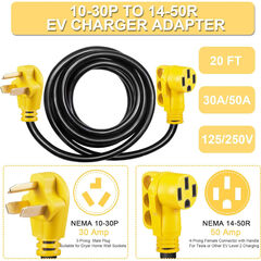 20ft EV Charger Adapter Cord Compatible with NEMA 10-30P to 14-50R, 30 Amp 3 Prong Dryer to 50 Amp 4 Prong EV Only for Tesla or EV Level 2 Charging, EV Extension Cord with Handle, ETL Listed