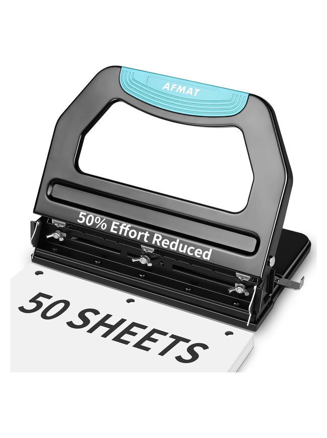 AFMAT Heavy Duty 3 Hole Punch, 50-Sheet, 50% Reduced Effort, Adjustable Two & Three Hole Punch, Metal Paper Puncher w/Large Chip Tray, Metal Paper Guide, Black (NO BOX)