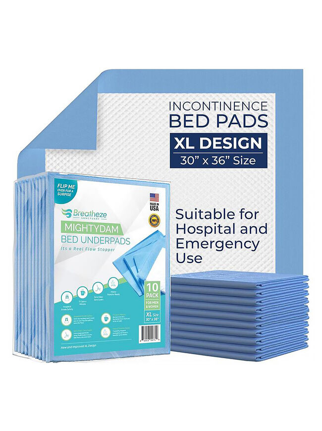 Breatheze Incontinence Bed Pads (Heavy Absorb, XL, 10 Pack) Disposable Underpads