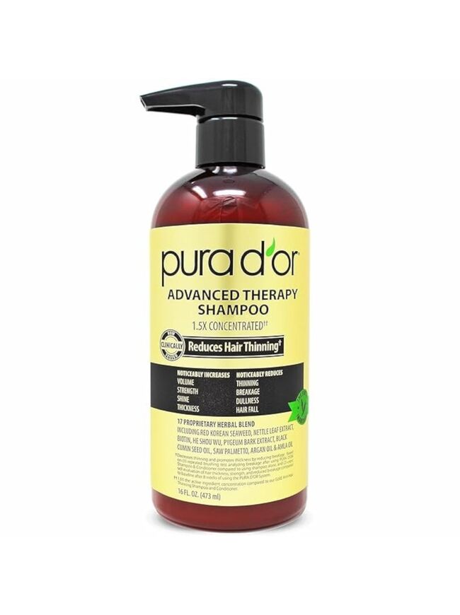 PURA D'OR 16 Oz Advanced Therapy Shampoo Reduces Hair Thinning & Increases Volume, No Sulfate, Biotin Shampoo Infused with Argan Oil, Aloe Vera for All Hair Types, Men & Women