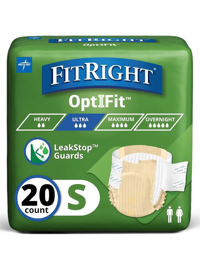 FitRight Ultra Absorbency Adult Diapers, FSA/HSA Eligible, 20 Count, Waist Size 20"-32", S, Incontinence Briefs for Men and Women, Disposable, Moisture Wicking, Leak Protection