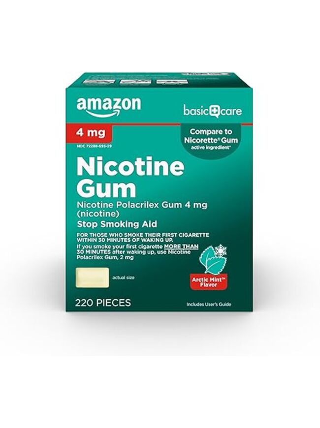 Amazon Basic Care Uncoated Nicotine Polacrilex Gum 4 mg, Mint Flavor, Stop Smoking Aid, 220 Count