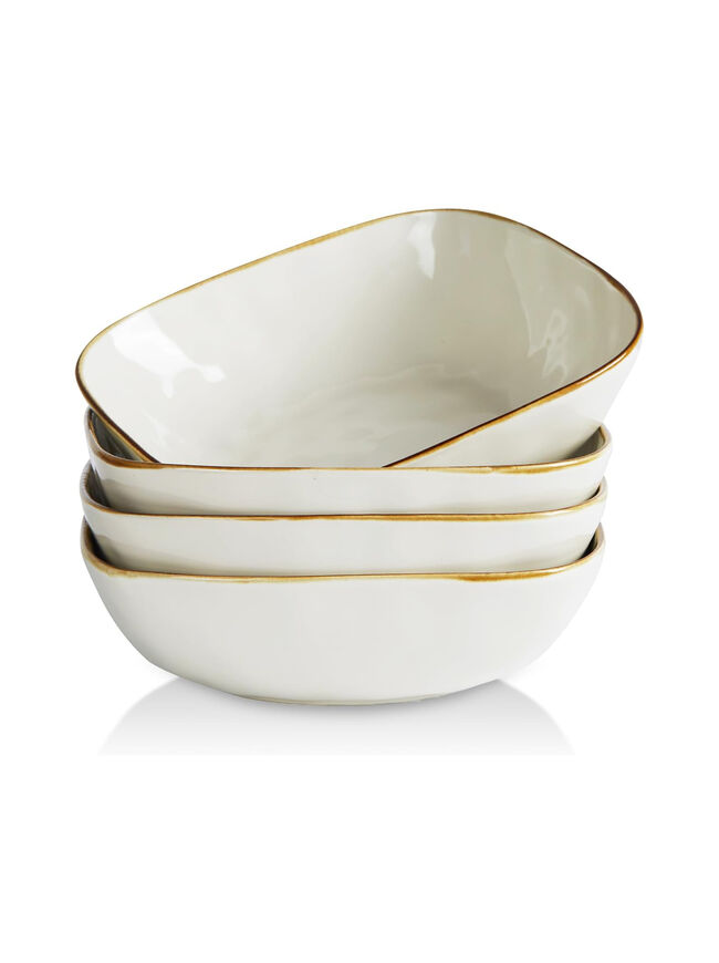 famiware Large Pasta Bowls Set of 4, Ocean Square 8" Bowls, Pasta Serving Bowl Large Dinner Bowls, Kitchen Bowl Set, Microwave and Dishwasher Safe, Scratch Resistant, Vanilla White