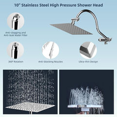 Hibbent All Metal Shower Head, 10'' High Pressure Rainfall Shower Head/Handheld Showerhead Combo with 12'' Adjustable Curved Shower Extension Arm, 7 Sprays, 71'' Shower Hose, Showerhead Holder, Chrome
