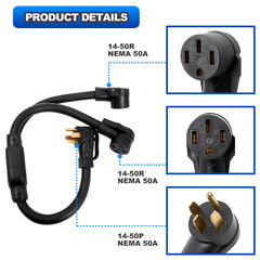 14-50 Y Splitter Adapter Power Cord 240V for RV and EV, NEMA 14-50P Male Plug to 14-50R, 6/3+8/1 STW AWG Gauge Plug Extension Cord Adapter 3 feet (4 Prong), RV EV Auto Tesla Model 3/S/X/Y