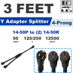 14-50 Y Splitter Adapter Power Cord 240V for RV and EV, NEMA 14-50P Male Plug to 14-50R, 6/3+8/1 STW AWG Gauge Plug Extension Cord Adapter 3 feet (4 Prong), RV EV Auto Tesla Model 3/S/X/Y