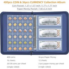 Coin Collection Album Holder for Collectors, 400 Pockets Fireproof Coin Collection Book & 36 Paper Money Organizer Binder for Coin Currency Collection Supplies Blue