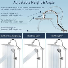 Hibbent All Metal Shower Head, 10'' High Pressure Rainfall Shower Head/Handheld Showerhead Combo with 12'' Adjustable Curved Shower Extension Arm, 7 Sprays, 71'' Shower Hose, Showerhead Holder, Chrome