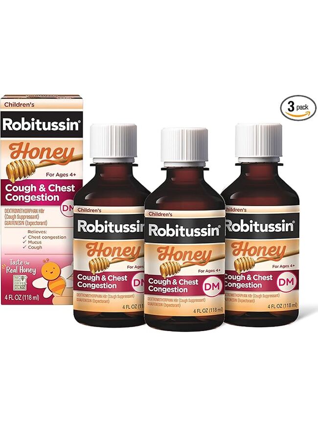 Children's Robitussin Honey Cough and Chest Congestion DM, Children's Cough Medicine Made with Real Honey for Flavor - 4 Fl Oz x 3