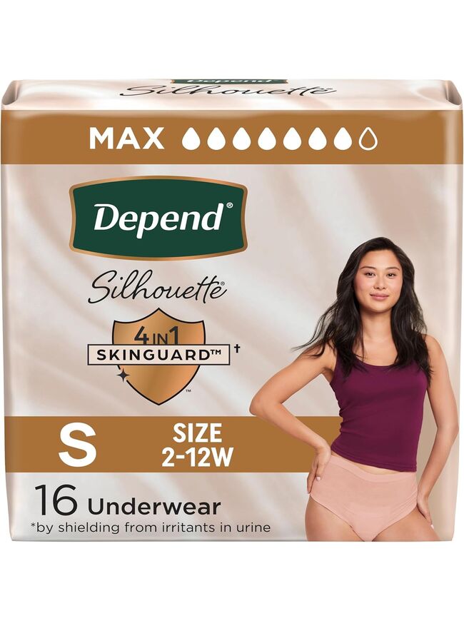 Depend Silhouette Adult Incontinence & Postpartum Bladder Leak Underwear for Women, Maximum Absorbency, Small, Pink, 16 Count, Packaging May Vary