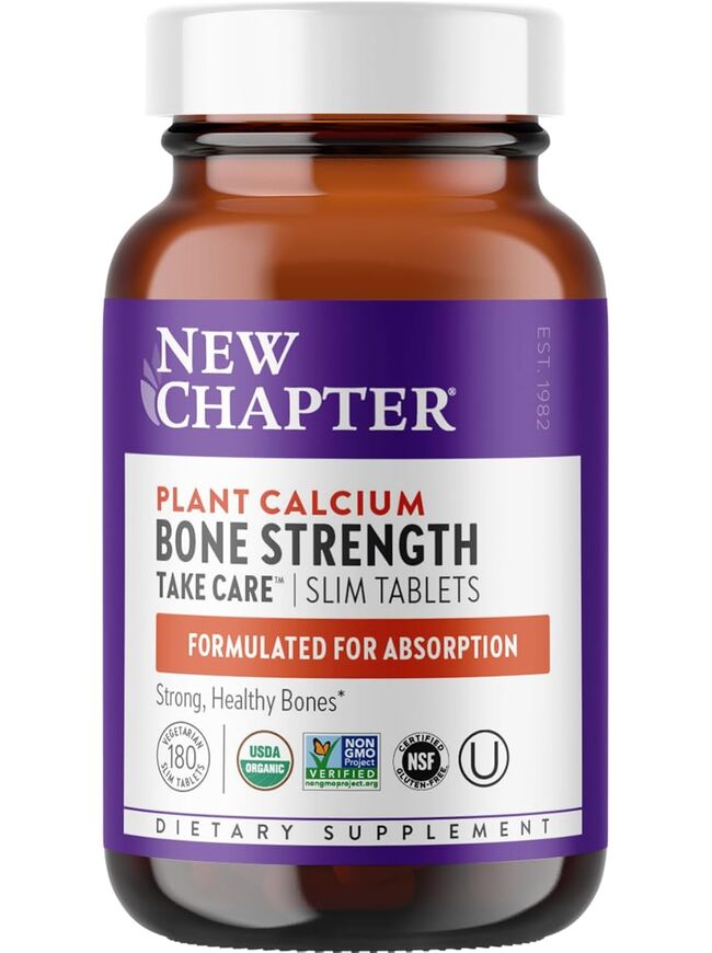 New Chapter Calcium Supplement - Bone Strength Organic Calcium with Magnesium, Vitamin D3+K2, 70+ Trace Minerals for Bone Health, Gluten Free, Easy to Swallow Slim Tablets - 180 Count