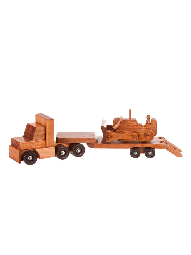 American Made Wooden Toy Truck - Low Boy with Bulldozer - Harvest