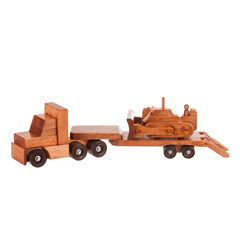 American Made Wooden Toy Truck - Low Boy with Bulldozer - Harvest