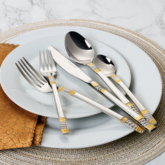 Joseph Sedgh Italia Almafi 20 Piece Premium Flatware Serving Set, Service for 4, Double Mirror Polished 3mm 18/10 Stainless Steel with 24K Gold Accents