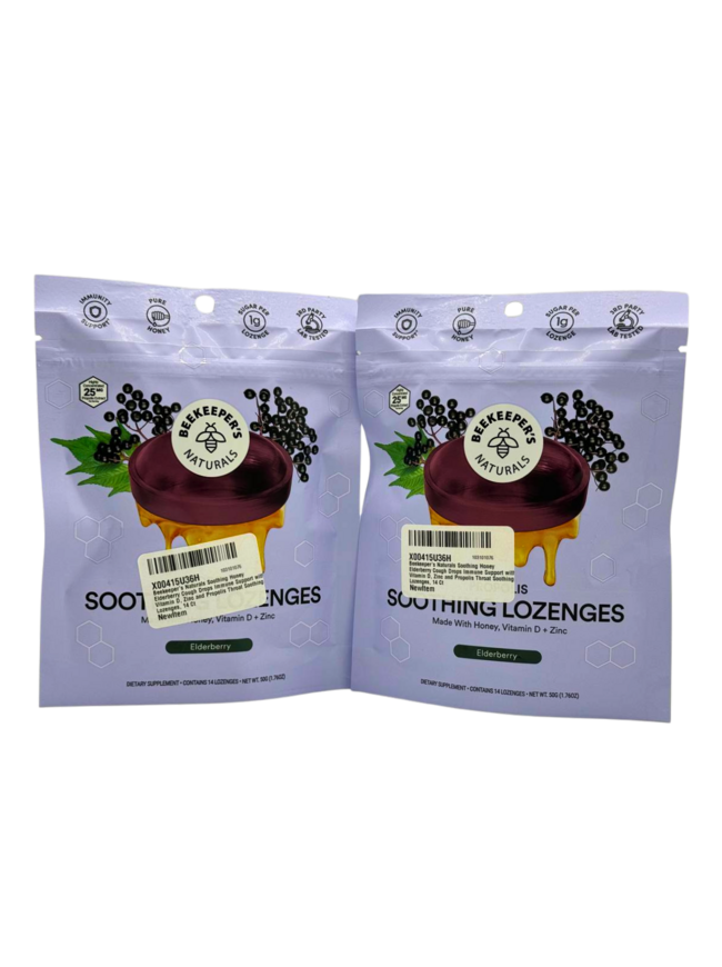 Beekeeper's Naturals Soothing Honey Elderberry Cough Drops Immune Support with Vitamin D, Zinc and Propolis - Throat Soothing Lozenges - 2 Pack - 28 Lozenges