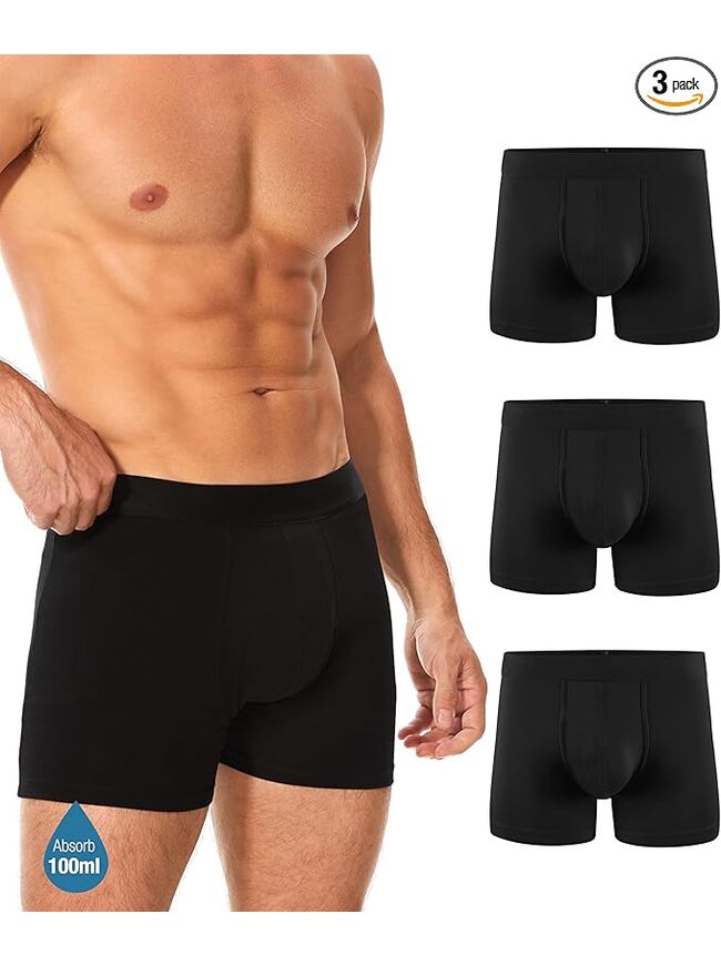 YESWEL Men's Incontinence Underwear, Leak Proof Washable Reusable Cotton Boxer Brief, Heavy Flow Bladder Leak 3 Pack (Black, Large)
