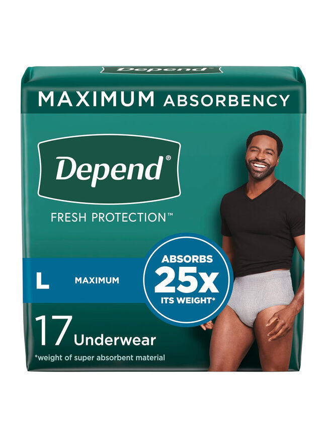 Depend Fresh Protection Adult Incontinence Underwear for Men, Disposable, Maximum, Large, Grey, 17 Count, Packaging May Vary
