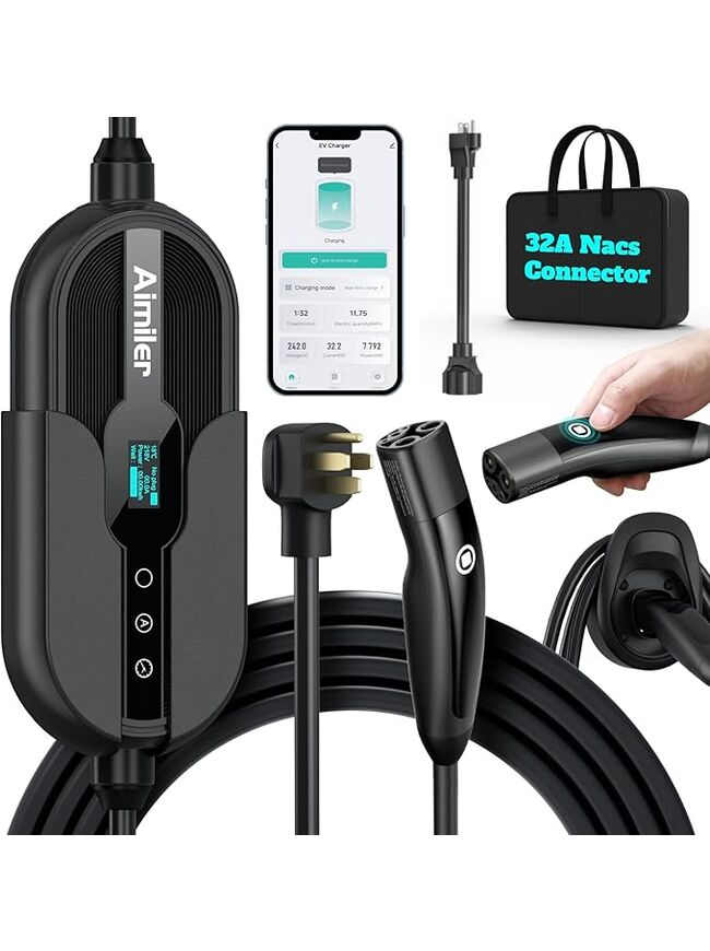 AIMILER Level 2 Tesla Charger(Wireless WiFi APP), 240V, 32 Amp, NEMA 14-50 Plug, 25ft Cord - Portable/Home NACS Connector Electric Car(EV) Charger for Tesla - Compatible with Tesla Model X/Y/3/S