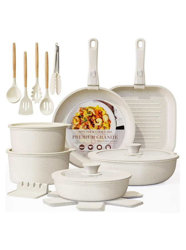 Astercook 23 Pcs Pots and Pans Set Non Stick, Ceramic Cookware Set Detachable Handle, RV Kitchen Cooking Set Removable Handles, Oven Safe, Induction Ready, Stackable Non-stick Set, Cream White