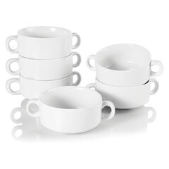 Foraineam Porcelain Bowls with Double Handles 10 Ounce White French Onion Soup Crocks Round Stackable Bowls for Soup, Cereal, Oatmeal, Set of 6