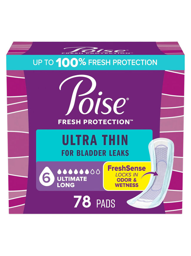 Poise Ultra Thin Incontinence Pads & Postpartum Pads for Bladder Leaks, 6 Drop Ultimate Absorbency, Long Length, 78 Count, Packaging May Vary