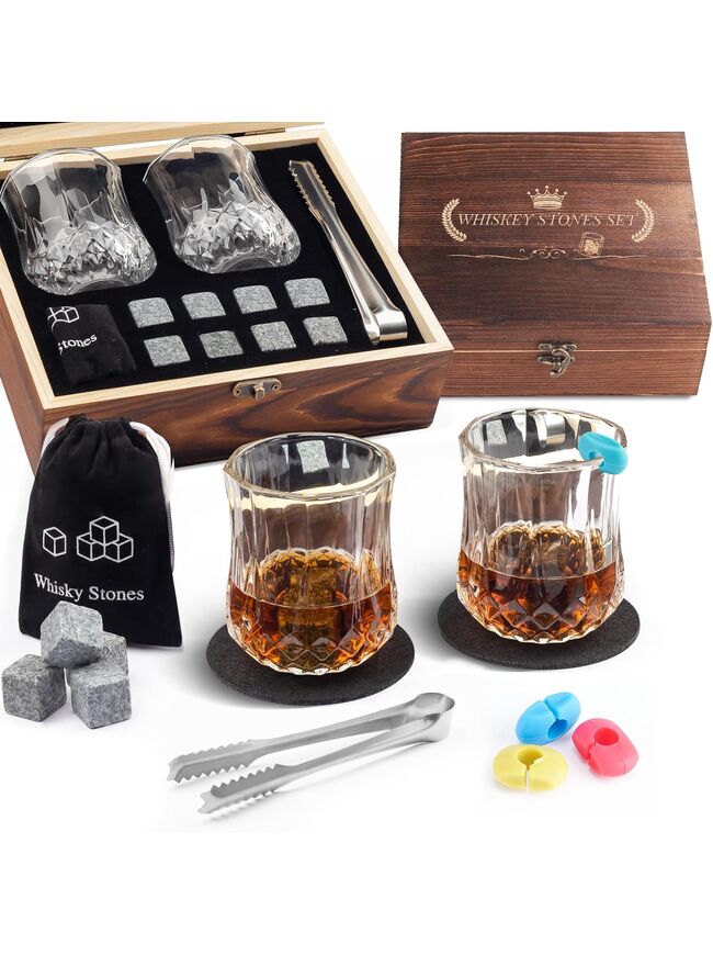 Whiskey Stones Gifts for Men, Whiskey Glasses Set of 2 with Chilling Rocks