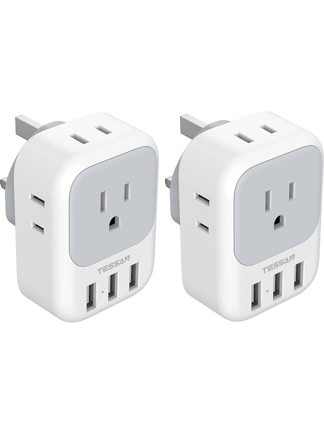 TESSAN US to UK Plug Type G Adapter, 4 American Outlets 3 USB,  2 Pack 