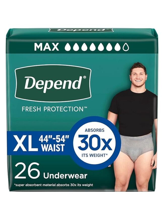 Depend Fresh Protection Adult Incontinence Underwear for Men, Disposable, Maximum, Extra-Large, Grey, 26 Count, Packaging May Vary
