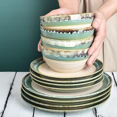 Bosmarlin Ceramic Soup Bowl Set of 4, 26 Oz, 6 Inch Stoneware Cereal Bowl for Oatmeal, Salad, Dishwasher and Microwave Safe, Reactive Glaze (Green, 6 in)