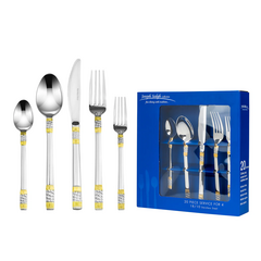 Joseph Sedgh Italia Almafi 20 Piece Premium Flatware Serving Set, Service for 4, Double Mirror Polished 3mm 18/10 Stainless Steel with 24K Gold Accents