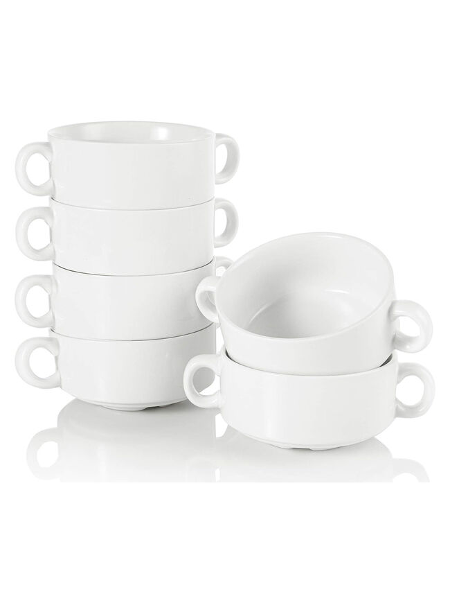 Foraineam Porcelain Bowls with Double Handles 10 Ounce White French Onion Soup Crocks Round Stackable Bowls for Soup, Cereal, Oatmeal, Set of 6