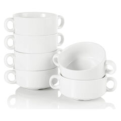 Foraineam Porcelain Bowls with Double Handles 10 Ounce White French Onion Soup Crocks Round Stackable Bowls for Soup, Cereal, Oatmeal, Set of 6
