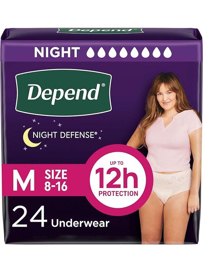 Depend Night Defense Adult Incontinence & Postpartum Bladder Leak Underwear for Women, Disposable, Overnight, Medium, Blush, 24 Count, Packaging May Vary