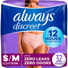 Always Discreet Incontinence & Postpartum Incontinence Underwear for Women, Small/Medium, Maximum Protection, 32 Count